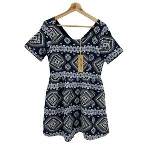 Love Riche Fit-and-Flare Blue White Geometric Abstract Print Canvas Mini Dress
